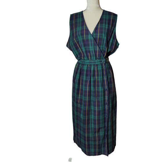NOS 80s Vintage Women Sz 14 Bechamel Green Blue Plaid Maxi Wrap Dress Sleeveless - Picture 1 of 9